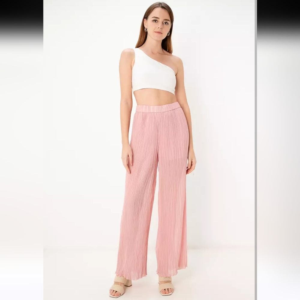 Zara Wide Leg Plisse Pants Size XS (Will FIT Small To Medium) Light Pink